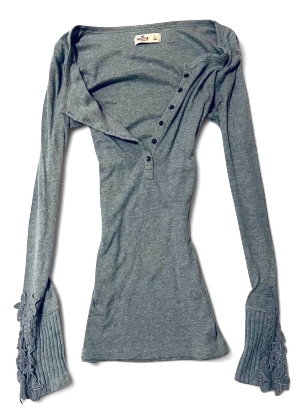 Hollister Gray Vintage Henley Lace Cuffs Bell Sleeves Flare Sleeve Large
